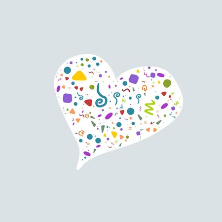 Festive heart filled with colorful shapes on white background. Great doodle design for tee print or wrapping. Symbol of love in modern design.のイラスト素材