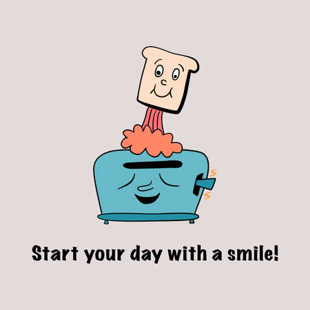Cute toast jumping from a happy toaster. Start your day with a smile! Funny good morning doodle. Hand drawn illustration.のイラスト素材