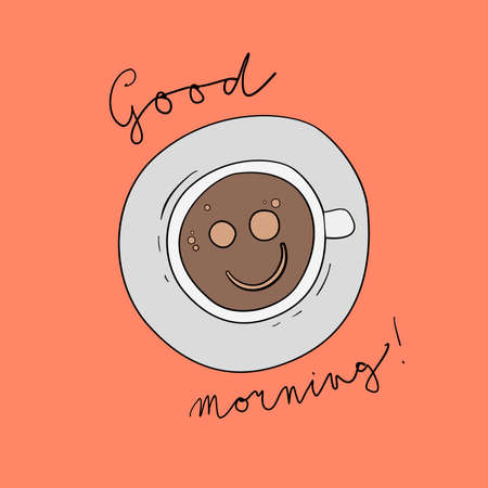 Hand written text Good morning around hand drawn coffee with smile. Creative doodle illustration of coffee cup. Isolated vector.のイラスト素材