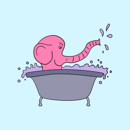 Cute little pink elephant having a bath in a bathtub. Cartoon vector drawing in childish retro style of happy baby animal.のイラスト素材