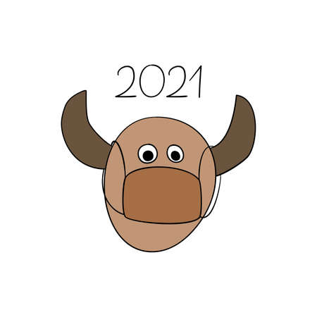 2021 New Year card. Bull with face mask symbolizing chinese year of the ox and coronavirus. Crazy zodiac callendar design. Isolated head of a brown cow. Hand drawn illustration.のイラスト素材