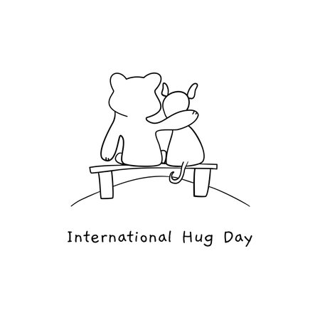 Cartoon bear hugging a dog. International Hug Day concept with animals. Outline illustration. Coloring book for children.のイラスト素材