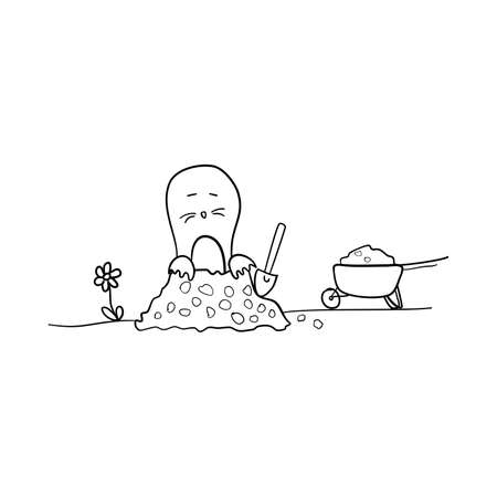 Funny mole animal character in his hole. Hand drawn vector illustration in comic style for childish coloring book page. Black stroke isolated on white background.のイラスト素材