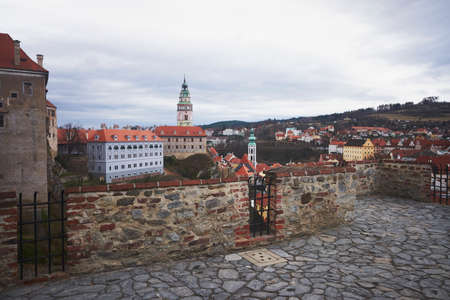 View over Cesky Krumlov town and castle from castle balcony. South bohemia, Czech republic, Europe. Popular travel destination.の写真素材