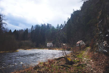 Landscape view of river Vltava and Divci Kamen castle ruins in spring. Taken on Fritsch Trail. South Bohemia, Czechia.の写真素材