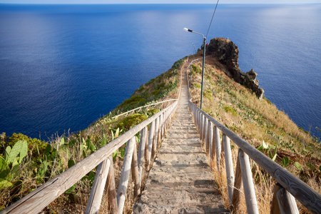 Stairs down to the sea from the statue of Jesus Christ at Garajau. Funchal, Madeira, Portugal....