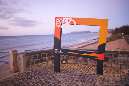Porto Santo, Madeira, Portugal -October 13 2022: View of Porto Santo island beach through a frame borderのeditorial素材