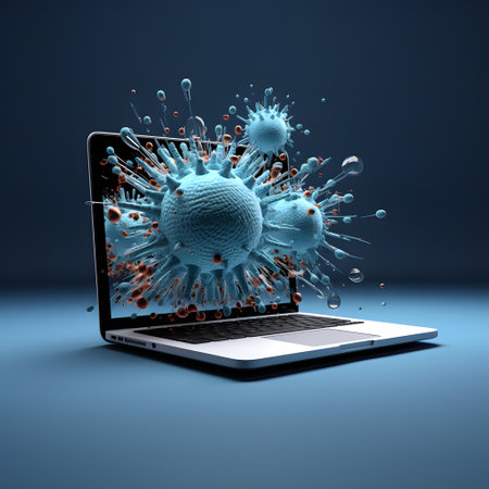 Laptop attacked by a virus. Cyber security concept.の素材