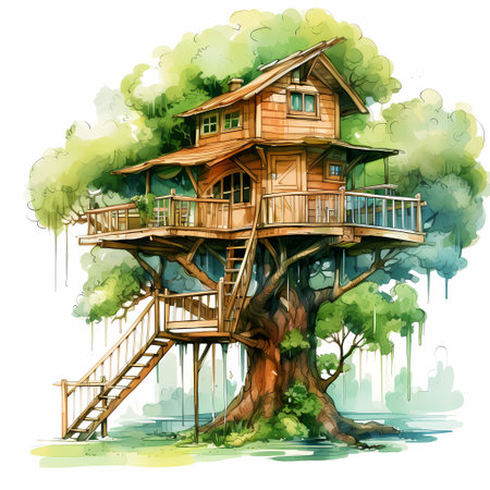 Big wooden treehouse, architecture watercolor illustration. Modern timber house on tree with stairs.の素材