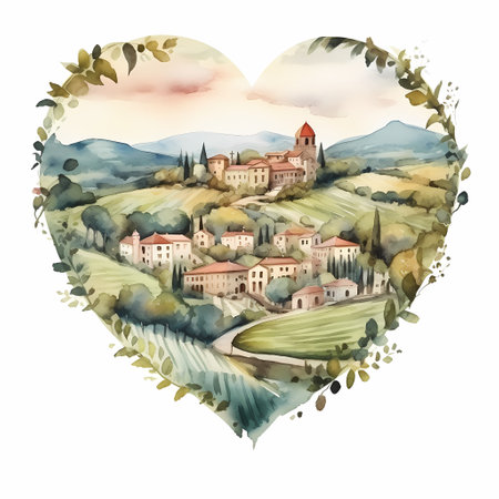 Watercolor landscape of Italy. Heart shaped. City, mountains and roads.の素材