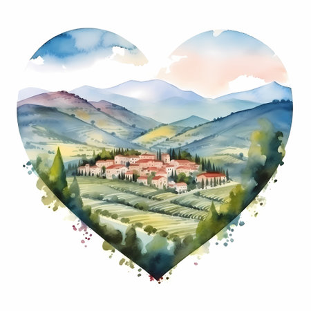 Watercolor landscape of Italy. Heart shaped. City, mountains and roads.の素材