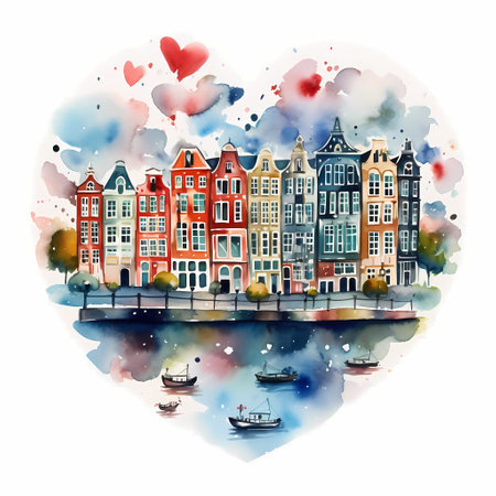 Amsterdam city in heart. Watercolor illustration.の素材