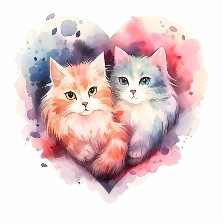 Cats in heart shape, watercolor illustration.の素材