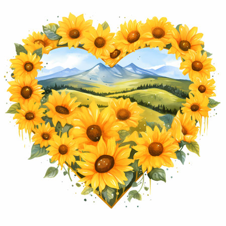 Sunflowers field, heart shaped floral watercolor illustration.の素材