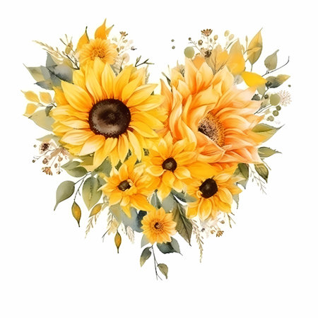 Sunflowers, heart shaped floral watercolor illustration.の素材