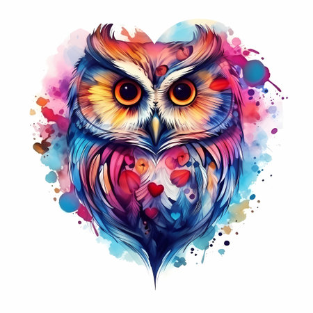 Watercolor owl illustration in a heart shape.の素材