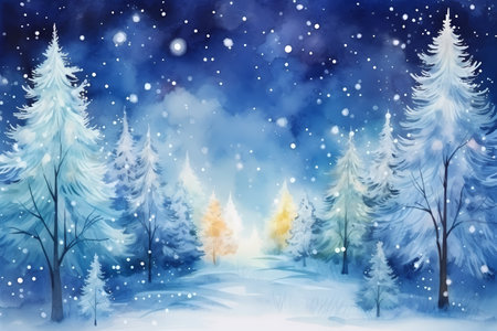Magical glowing forest with Christmas trees under snow. Watercolor illustration.の素材