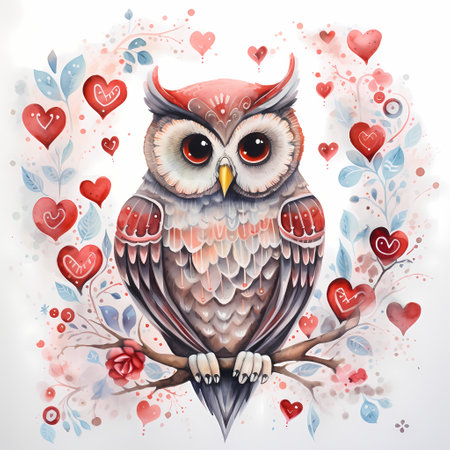 Beautiful red owl with hearts and roses. Watercolor illustration for valentine.の素材