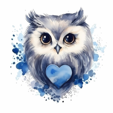 Blue watercolor illustration of owl with hearts.の素材