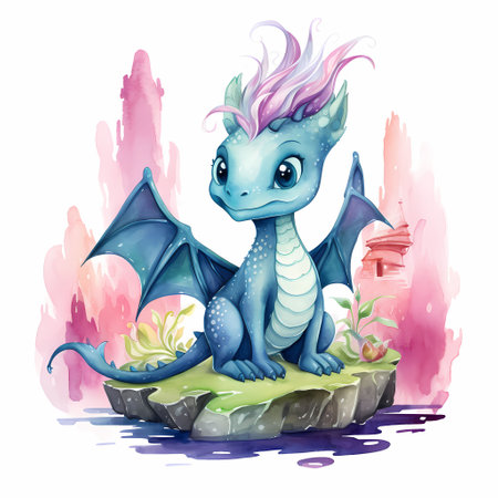 Cute dragon from a fairytale. Watercolor illustration.の素材