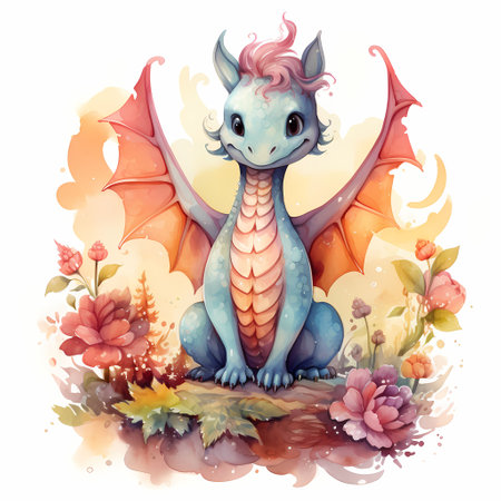 Cute dragon from a fairytale. Watercolor illustration.の素材