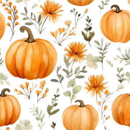 Watercolor pumpkins, leaves and flowers pattern. TIleable texture. Autumn theme.の素材