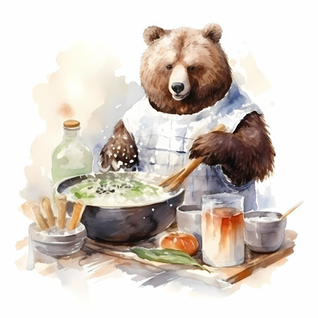 Bear cooking meal, watercolor illustration.の素材