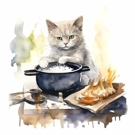 Funny cat chef cooking meal, watercolor illustration.の素材