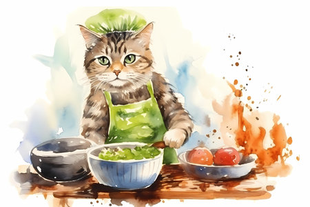 Funny cat chef cooking a healthy meal, watercolor illustration.の素材