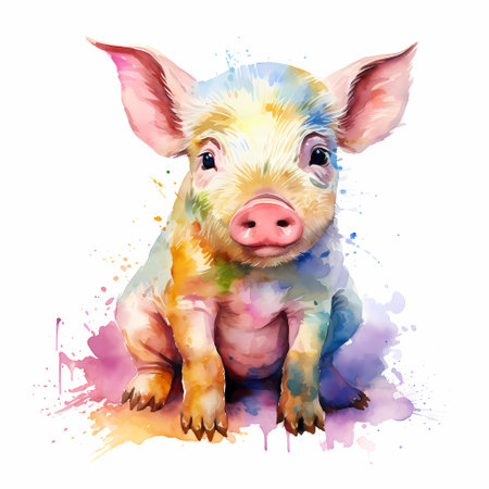 Colorful pig character, funny watercolor illustration.の素材