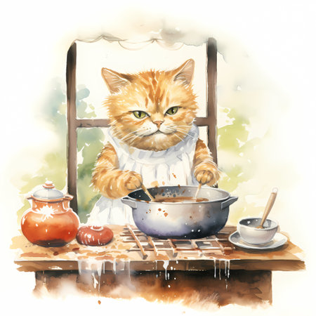 Funny cat cooking meal, watercolor illustration.の素材