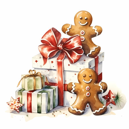christmas, gingerbread, gifts, character, gingerbread people, funny, watercolor, illustration, xmas, december, celebration, season, aquarelle, decoration, isolatedの素材