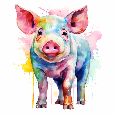 Colorful pig character, funny watercolor illustration.の素材