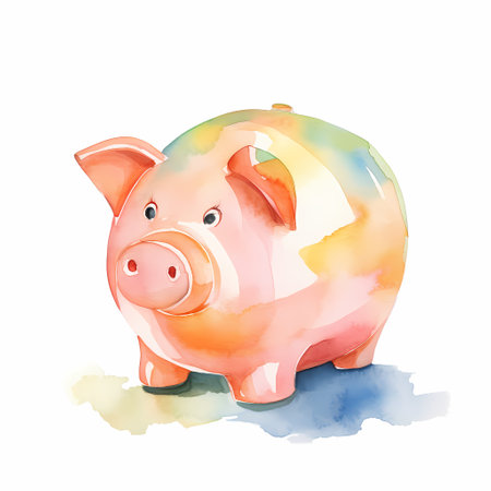 Piggy bank cashier character. Watercolor illustration.の素材