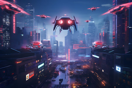 Futuristic Sci-fi cyberpunk cityscape with flying drones and neon signs.の素材