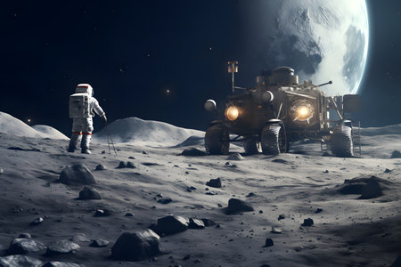 Space mission with cosmonauts landing on Moon, hyper realistic photo.の素材