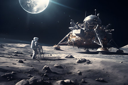 Space mission with cosmonauts landing on Moon, hyper realistic photo.の素材