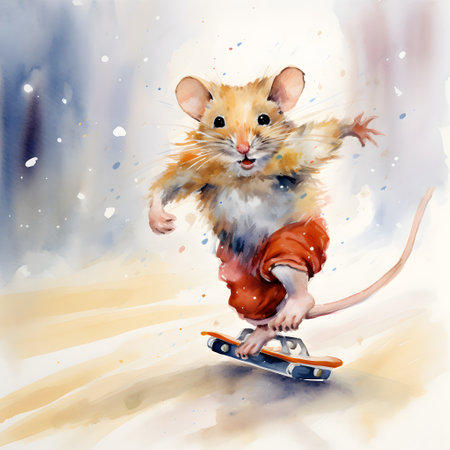 Mouse skating, watercolor illustration.の素材