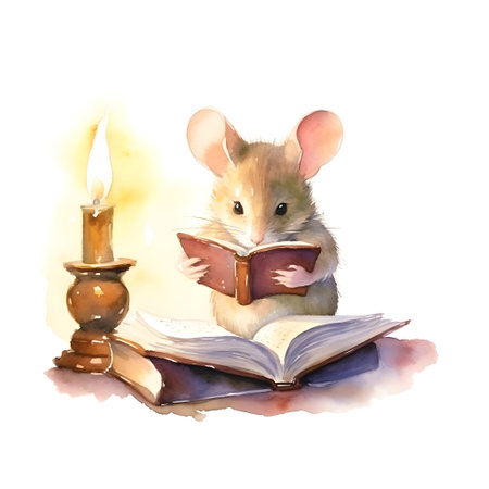 Mouse reading a book, watercolor illustration.の素材