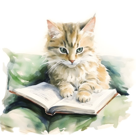 Cat reading a book. Watercolor illustration.の素材