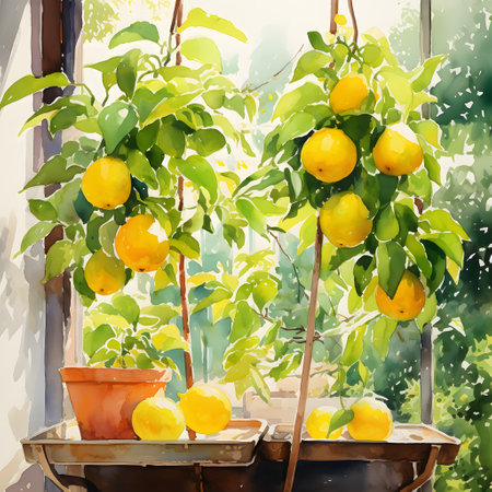 Lemon trees garden, watercolor illustration.の素材