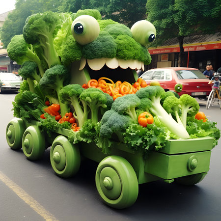 Crazy vegetable car concept on road.の素材