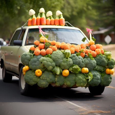 Crazy vegetable car concept on road.の素材