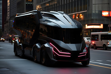 Hyper futuristic shiny truck in New York street.の素材