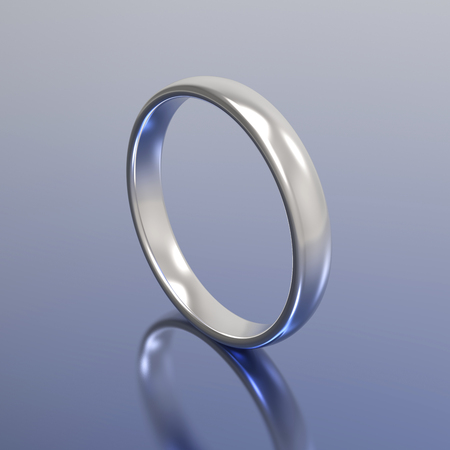 3D illustration gold silver wedding ring on a blue backgroundの写真素材