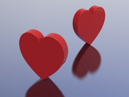 3D illustration two red hearts on a blue backgroundの写真素材