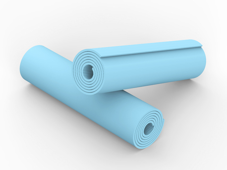 3D illustration two blue yoga mat on a white backgroundの写真素材
