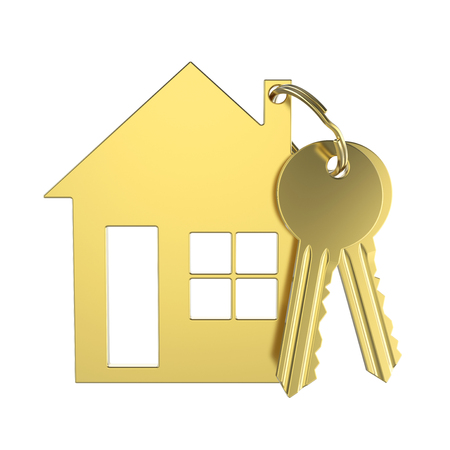 3D illustration gold key with keychain in the form of a small house on a white backgroundの写真素材