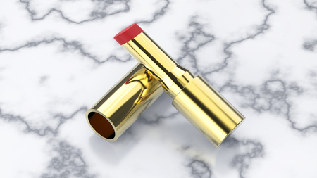 3D illustration gold red lipstick on a marble backgroundの写真素材
