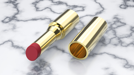 3D illustration gold red lipstick on a marble backgroundの写真素材